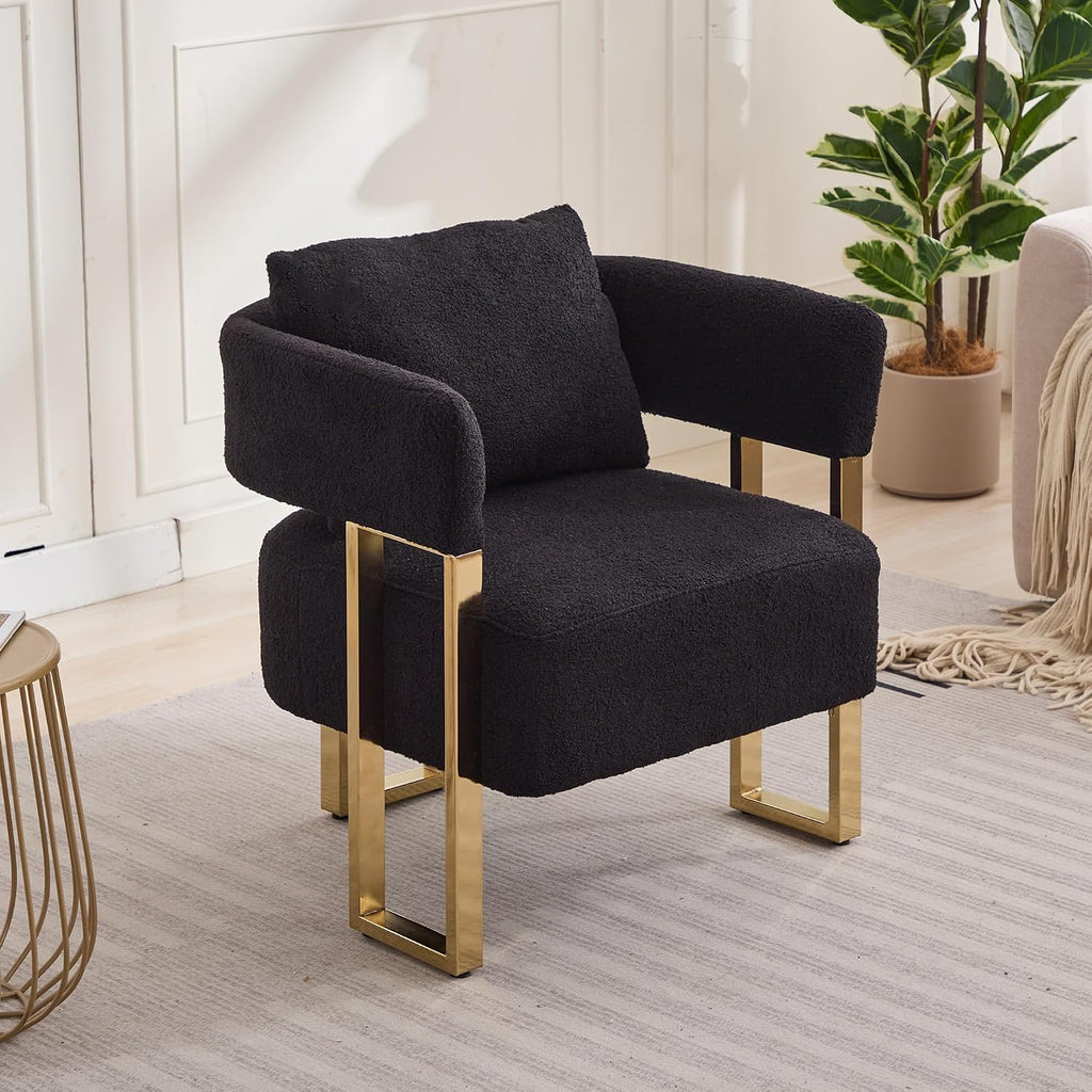 YISHENG Modern Barrel Accent Chairs Set of 2, Living Room Side Chairs with Golden Metal Legs Soft Upholstered Reading Armchairs no Wheels for Vanity/Reception Room//Bedroom/Lounge/Office,Black Teddy