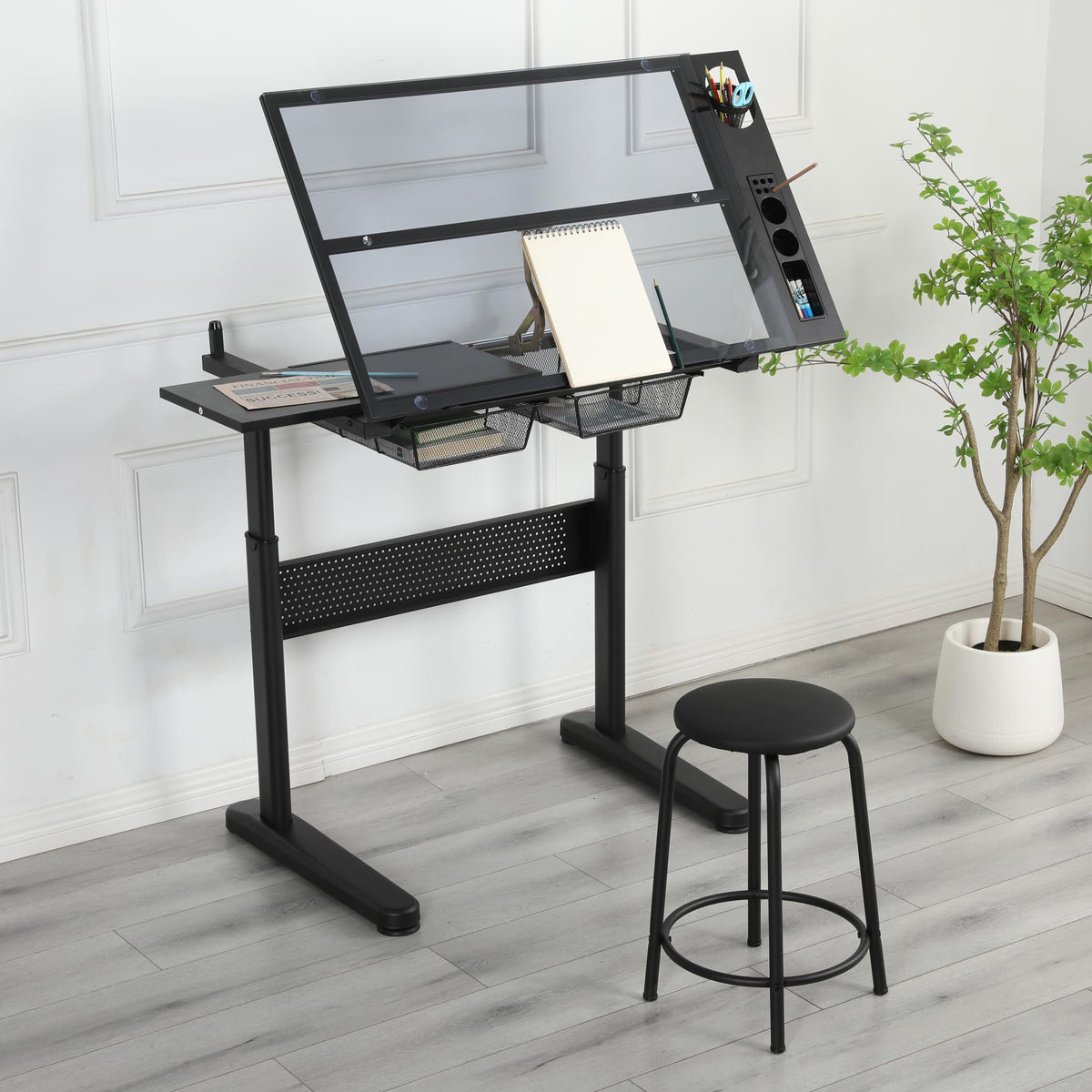 Glass Drafting Table Art Desk â Adjustable Professhional Artwork Drawing Drafting Table Desk, Glass-Topped Art Table for Craft Station Studio Home Office School w/Drawers (Black)