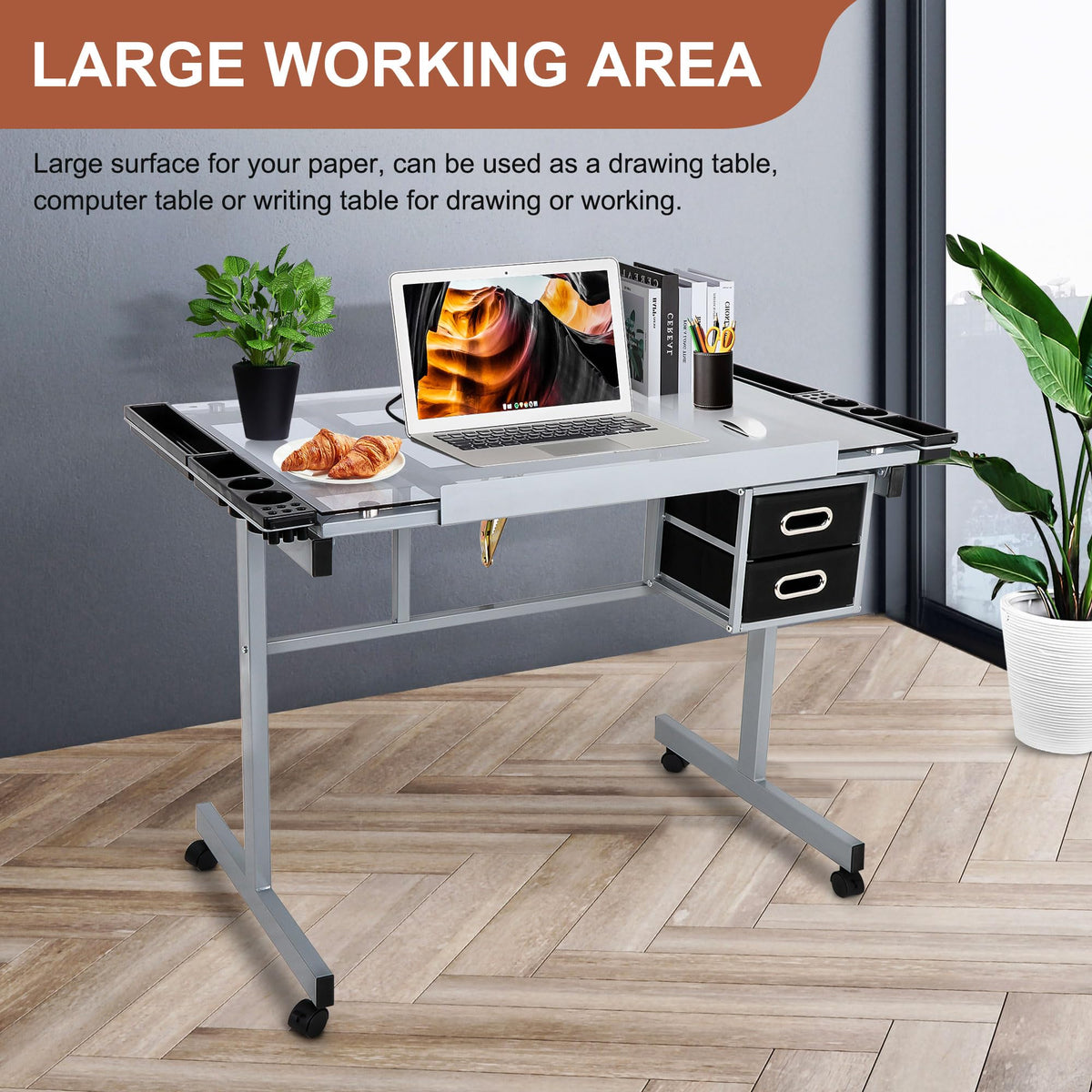 NOVA MICRODERMABRASION Adjustable Height Drafting Desk Drawing Table Tiltable Tabletop for Reading, Writing Art Craft w/Stool and Drawers