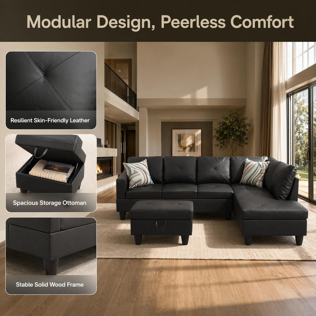 97.5" Leather L Shaped Couch with Left Chaise & Cup Holder, Sectional Sofas Modular Furniture Set with Storage Ottoman, Convertible Couches for Living Room, Office & Small Space (Black)