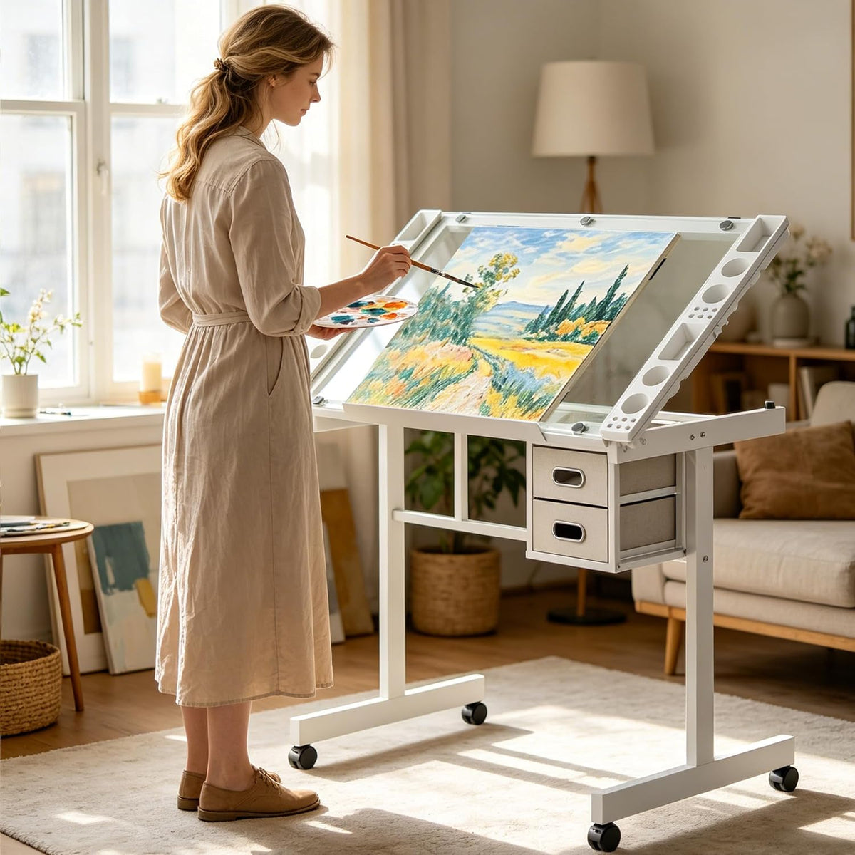 Rolling Drafting Table with Storage and Wheels, Tempered Glass Table Top