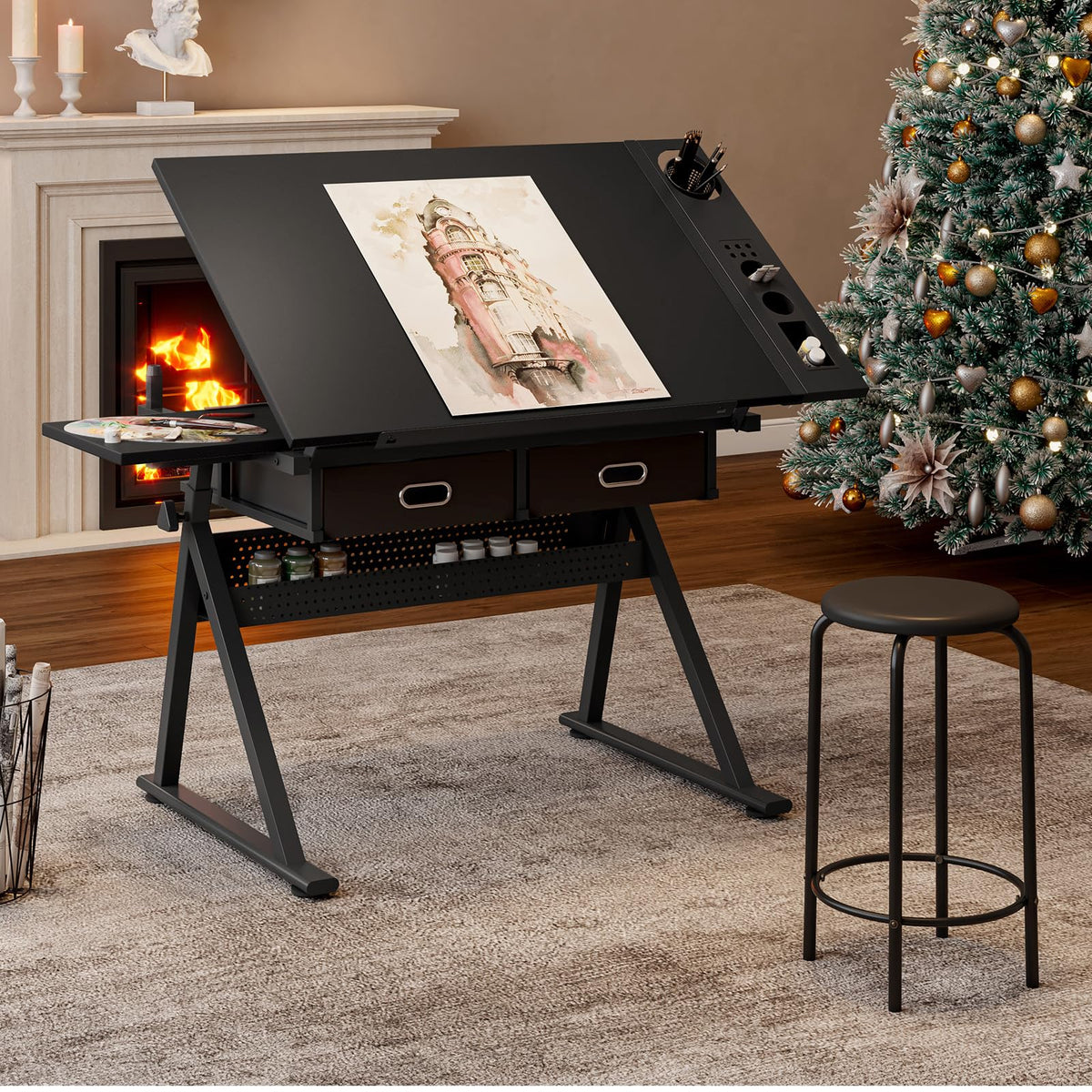 Drafting Table and Stool Set for Adults/Artists, Drawing Table with Adjustable Tabletop and Height, Art Workstation for Painters Crafting Reading Writing Home Office, All White
