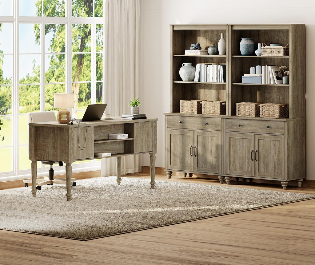 WAMPAT Home Office Furniture Set, 56'' Executive Desk with Charging Station, 72" Tall Bookcase with 4 Doors and 2 Drawers, Wood Computer Desk with File Cabinet Storage, Open Shelf, Wash Grey