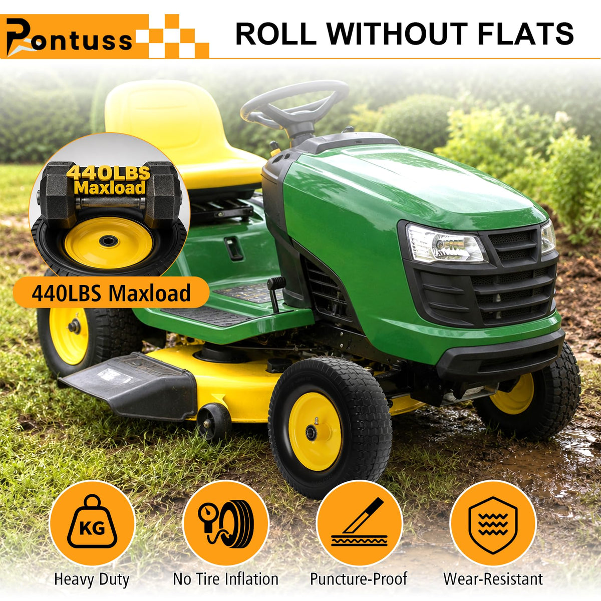 2 Pack 15x6.00-6 Flat Free Lawn Mower Tire and Wheel, 15" Solid Front Tires with 3" Centered Hub, 3/4" & 5/8" Bearings and 1" Bushings, Compatible with John Deere Husqvarna Riding Mowers Lawn Tractors