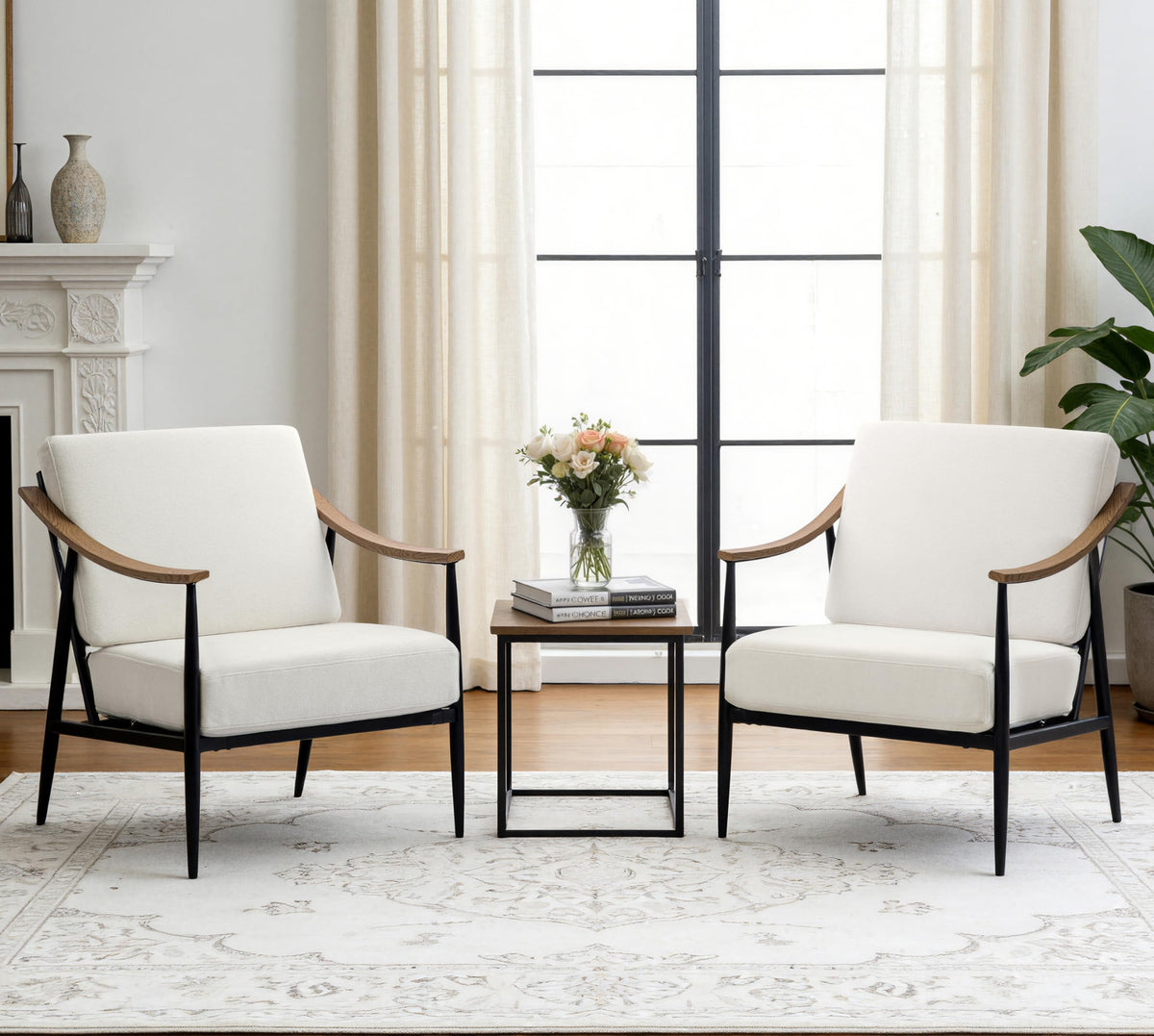 RNKSFX Modern Accent Chairs Set of 2 for Living Room Bedroom Mid Century Arm Chairs Upholstered Office Accent Chairs Comfy Waiting Room Chairs with Metal Frame, Beige