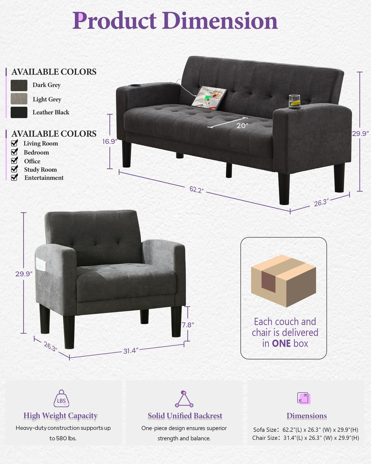 TYBOATLE Living Room Set, PU Leather Couch and Chairs w/USB & Type-C Ports