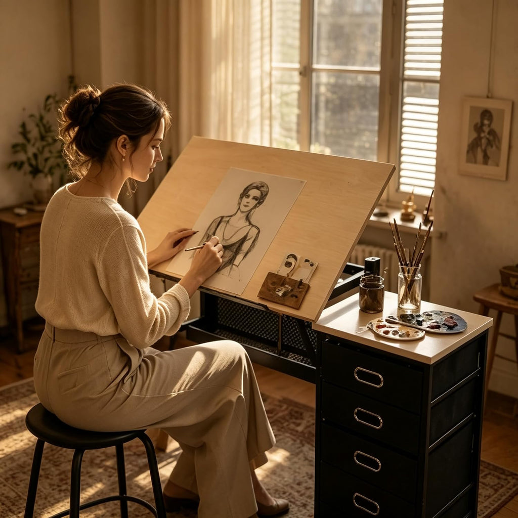 0â75Â° Tilting Drawing Desk, Adjustable Drafting Table with 3 Fabric Storage Drawers,Art Desk with Maple Wood Top & Heavy-Duty Steel Frame for Painting, Sketching, Drafting & Home Office