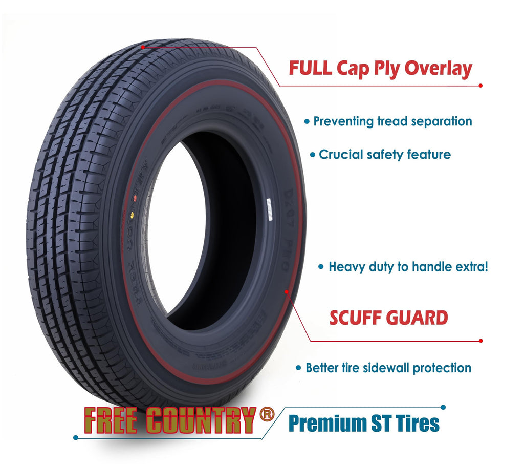 Free Country ST205/75R15 Prem Trailer Tires 8PR LR D 107N w/Scuff Guard, S2