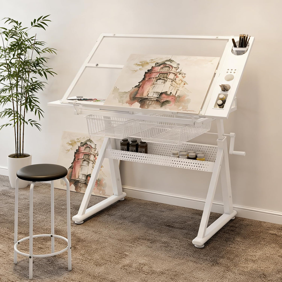 Drafting Table with Storage and Stool, Glass Art Desk for Adults Adjustable Height with 2 Metal Drawers, Craft Drawing Table Artist Desk with Extra Desktop for Reading/Writing/Studying (Black)