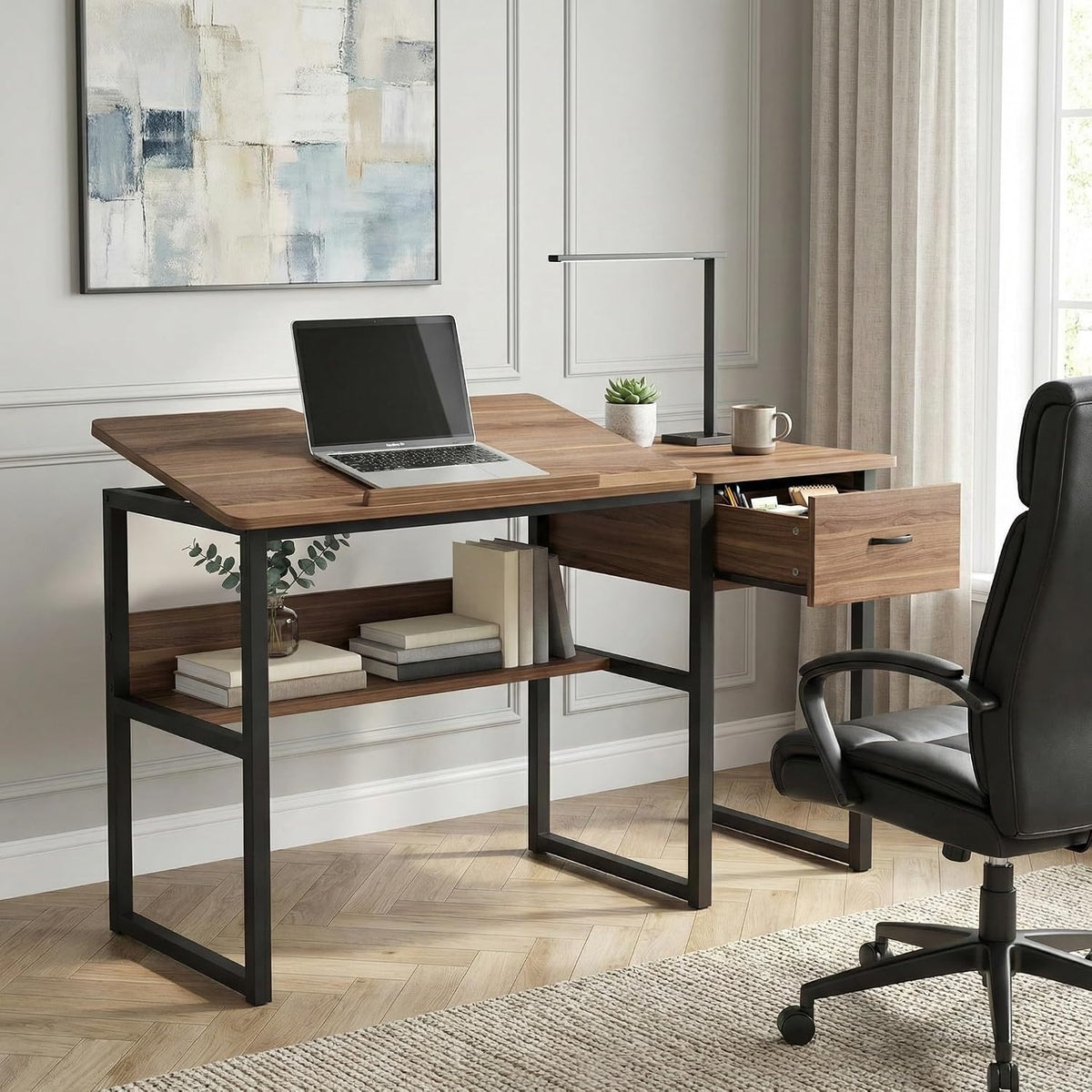 Lailang 47 Inch Computer Desk, Rectangular Office Desk, Drafting Table with Storage, Wood PC Desk, Art Desk for Adults, Small Writing Desk, 47 x 24 x 30 Inch, Walnut Black