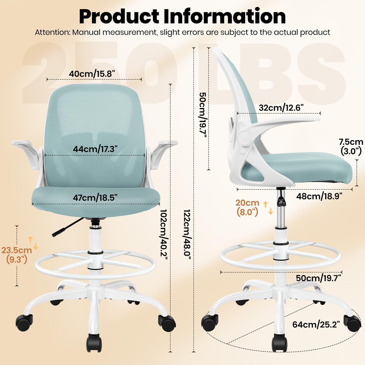 Drafting Chair Tall Office Chair with Flip-up Armrests, Adjustable Height, and Enhanced Lumbar Support - Ergonomic Rolling Stool, Back Support, and Adjustable Foot Rest Ring for Standing Desk White