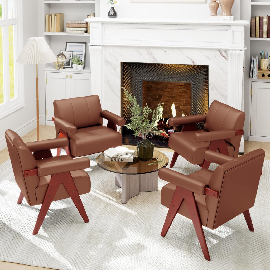 STHOUYN Faux Leather Accent Chairs Set of 2, Wooden Arm Chairs (Black)