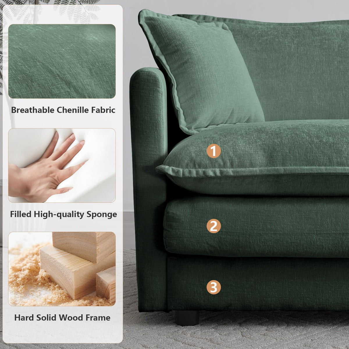 mikibama Luxury 2 Piece Loveseat Couch & Sofa Armchair Set, Modern Upholstered Chenille Cloud Couches Set Furniture with 5 Pillow for Living Room Bedroom Office Apartment, Evergreen