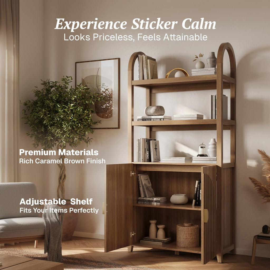 BELLEZE Book Shelf 72" Tall Arched Bookcase with Storage, 5 Tier Mid Century Modern Fluted Bookshelf with Doors, Modular Bookshelves for Living Room Office Library, Set of 2 (Caramel Brown)