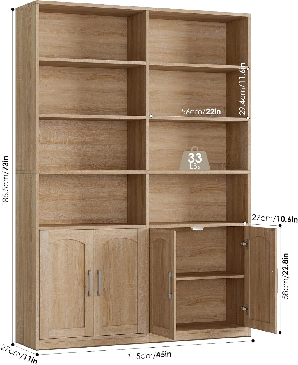 FACBOTALL Bookshelf and Bookcase with Doors, Double Wide Large Bookshelves