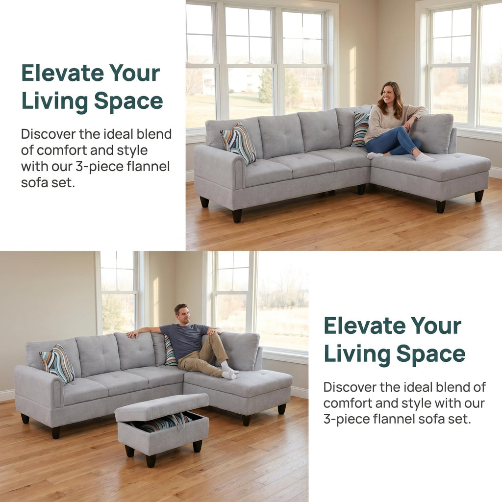 97.5" L-Shaped Modular Sectional Sofa with Movable Chaise & Storage Ottoman, 3 Piece Convertible Leather Couch, 4 Seat Gloss Black Living Room Furniture Set for Apartment Home Office