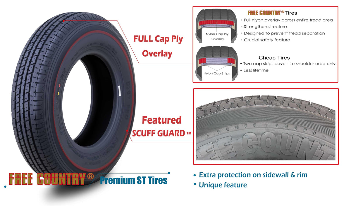 Free Country Grand Ride Set 4 Trailer Tires ST225/75R15 10 Ply Load Range E Steel Belted Radial w/Featured Scuff Guard