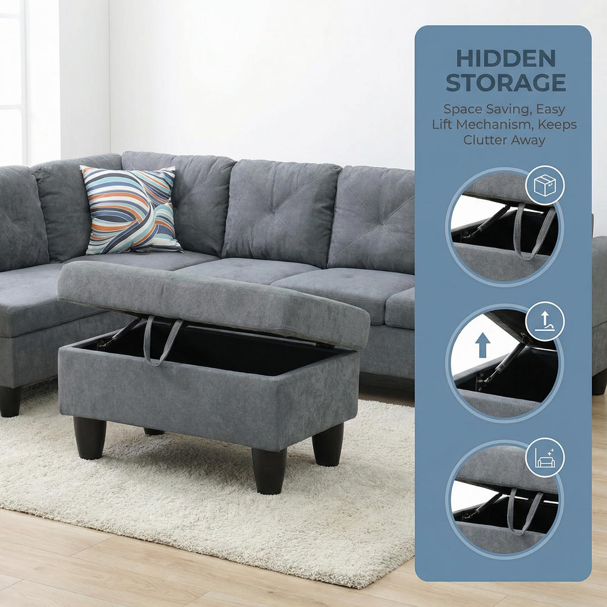 97.5" L-Shaped Modular Sectional Sofa with Movable Chaise & Storage Ottoman, 3 Piece Convertible Leather Couch, 4 Seat Gloss Black Living Room Furniture Set for Apartment Home Office