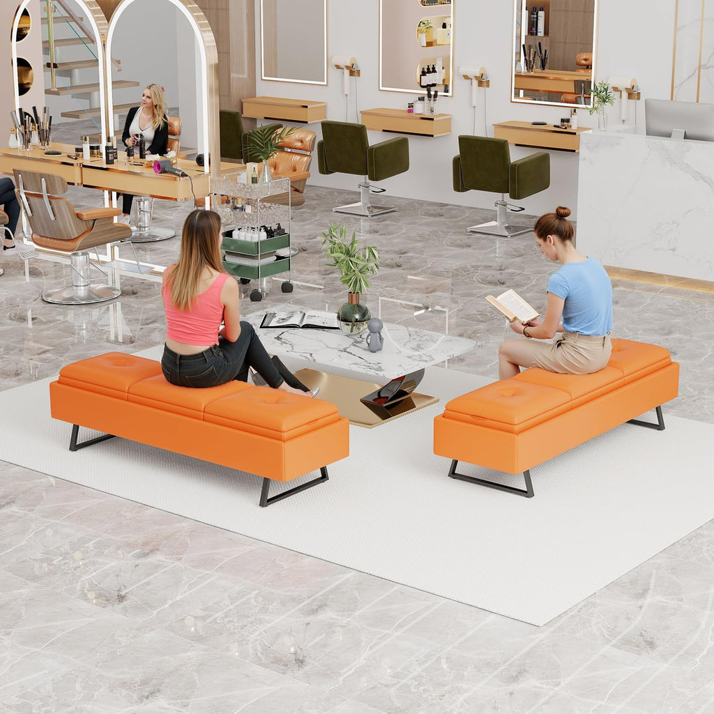 MOTION Leather Bench Waiting Room Chairs - 3 Seat Office Guest Reception Bench with Cushion, Waiting Room Bench Seating, Office Furniture Lobby Chairs for Salon, Shop, Set of 2, Orange