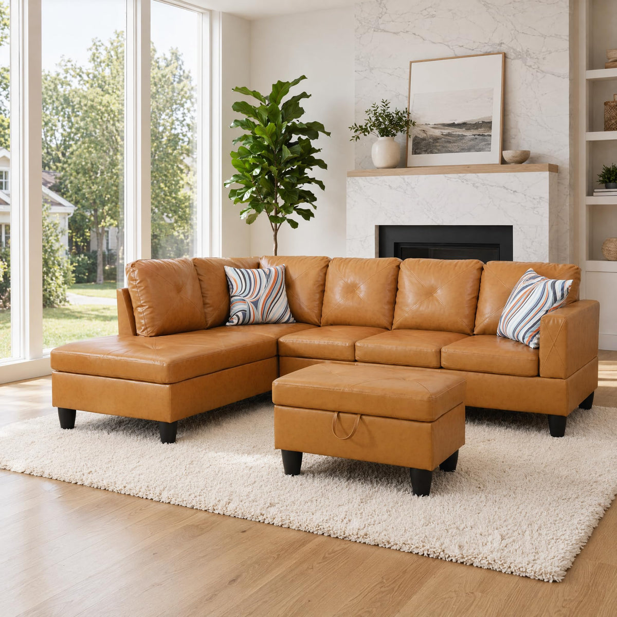 97.5" Leather L Shaped Couch with Left Chaise & Cup Holder, Sectional Sofas Modular Furniture Set with Storage Ottoman, Convertible Couches for Living Room, Office & Small Space (Black)