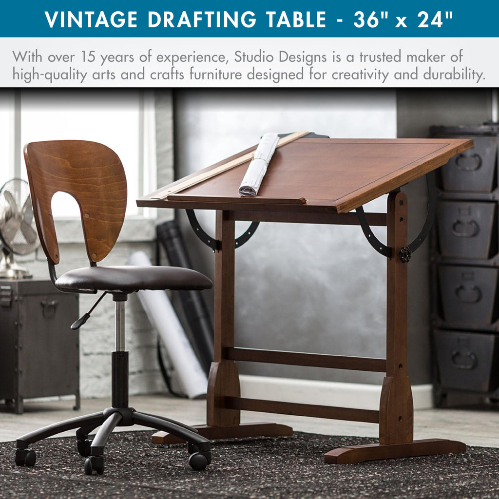 Studio Designs Vintage Drafting Table - Antique Design Solid Wood Drafting Table with Built-In Pencil Groove and Pencil Ledge - Angle Adjustable Work Surface