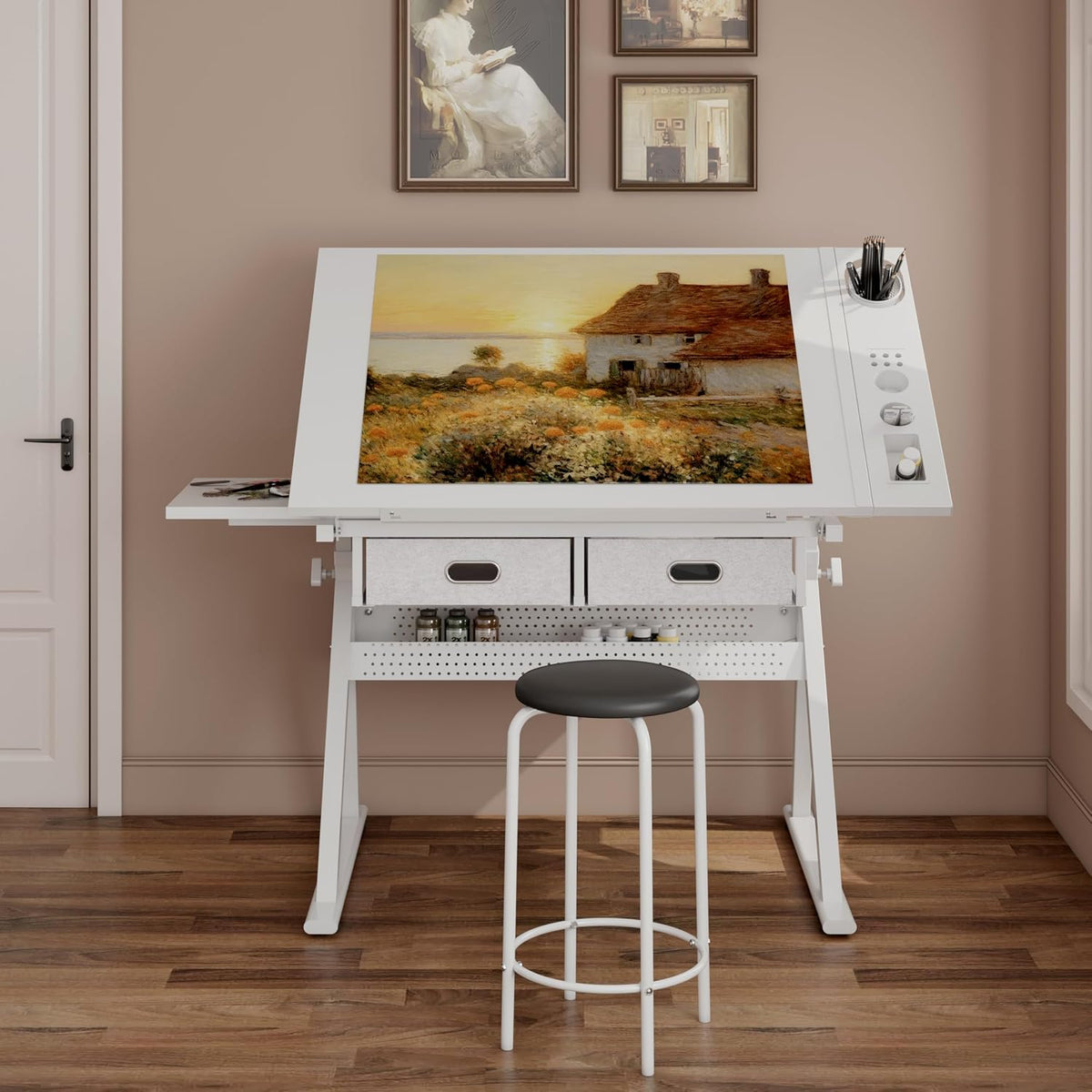 Height Adjustable Drafting Table with Stool, Drawing Art Desk with 2 Drawers, Artist Table with 75Â° Tilted Tabletop, Sketching Painting Artwork Station for Home Office School Reading, Crafting, White