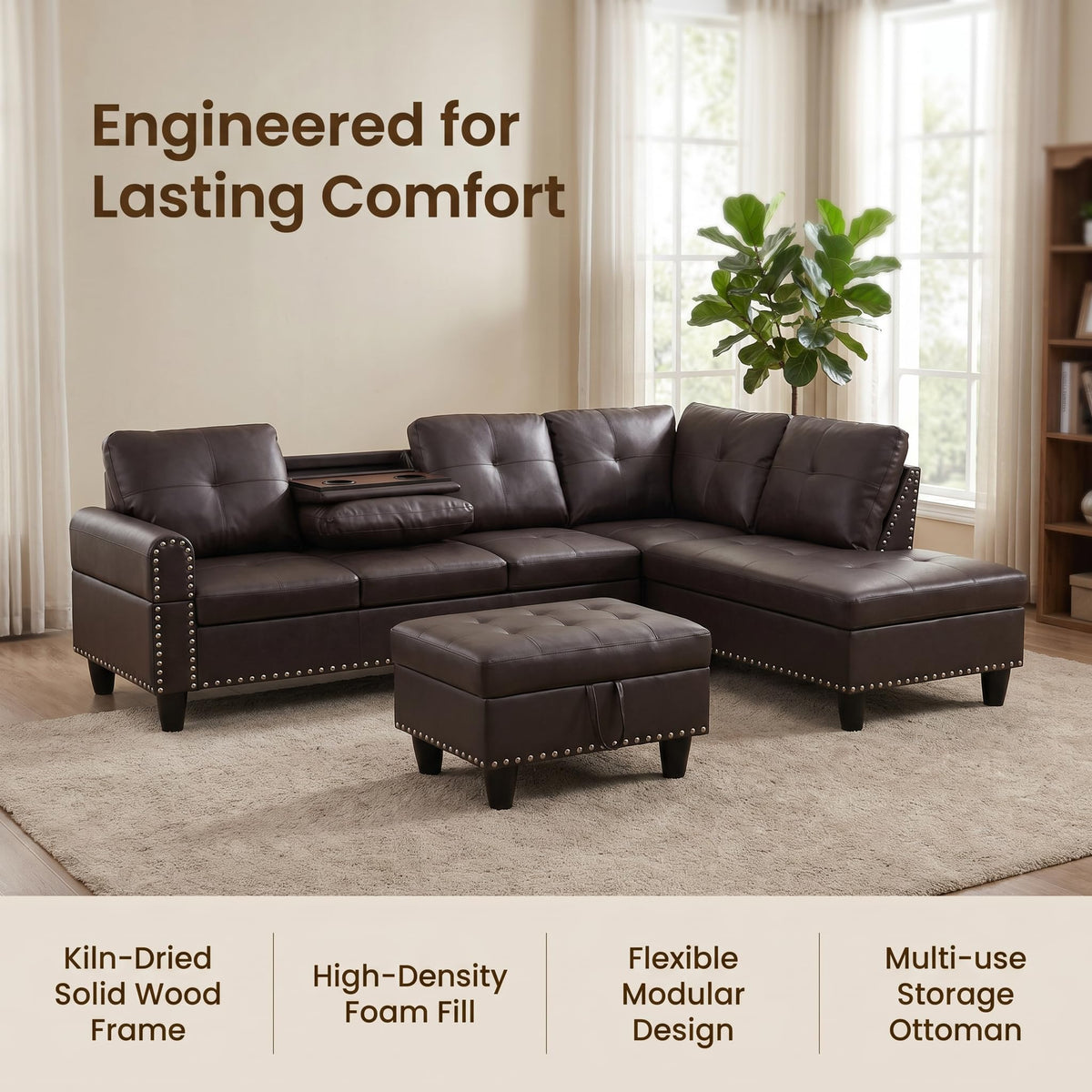 97.5" Leather L Shaped Couch with Left Chaise & Cup Holder, Sectional Sofas Modular Furniture Set with Storage Ottoman, Convertible Couches for Living Room, Office & Small Space (Black)