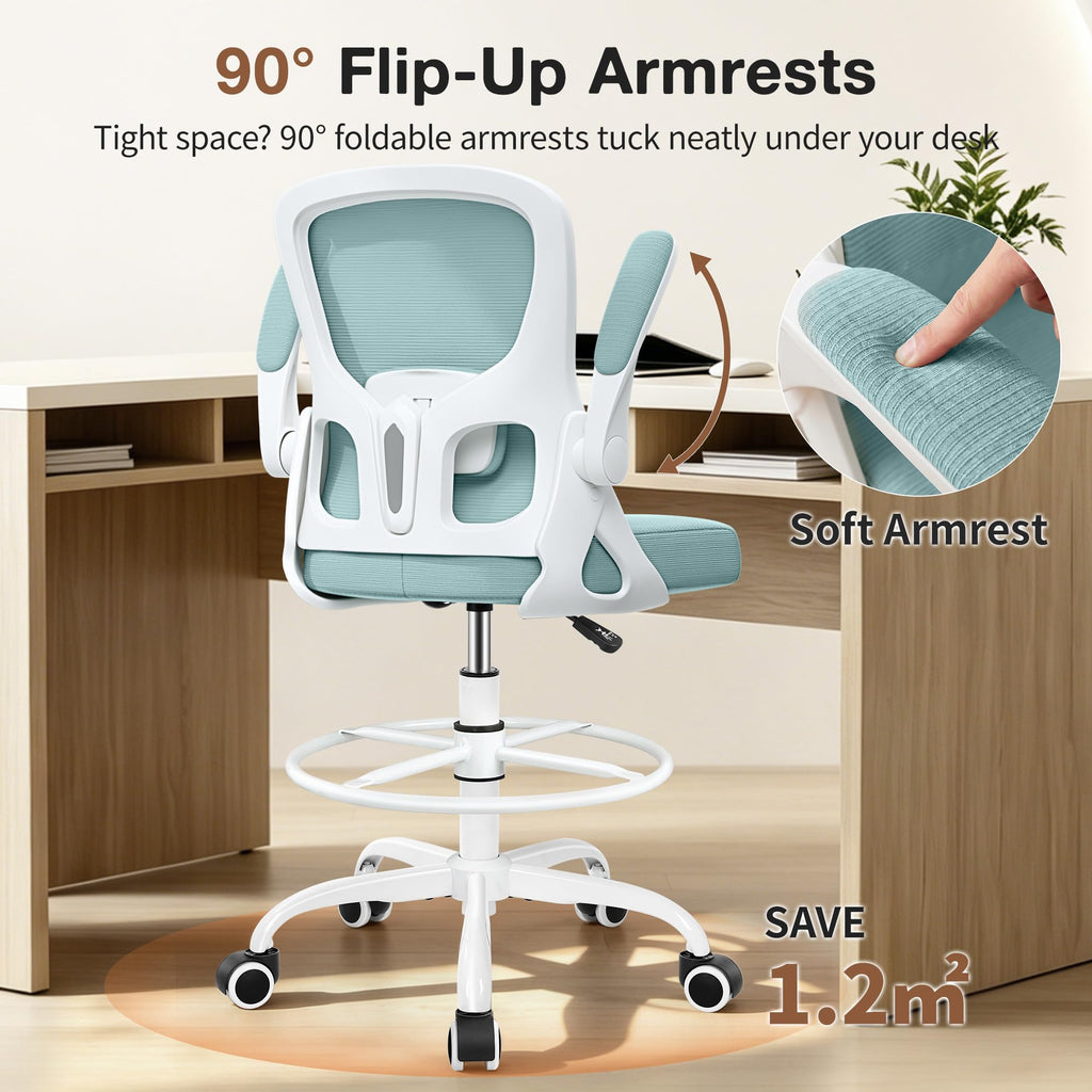 Drafting Chair, Tall Office Chair for Standing Desk with Flip-Up Armrests, Adjustable Foot Ring & Lumbar Support, Breathable Mesh High Desk Stool for Studio & Drafting Table, Black