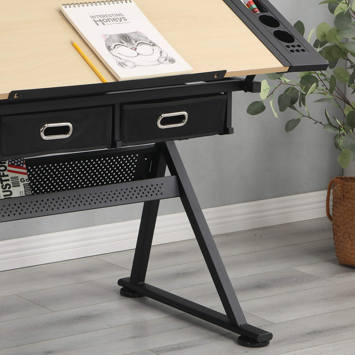 Drafting Table, Drawing Desk for Artists Adults Architect, Art Desk with Stool and 3 Non-Woven Storage Drawers, Height Adjustable Tilted Tabletop, Painting Studio Design Work Station, Rustic Brown