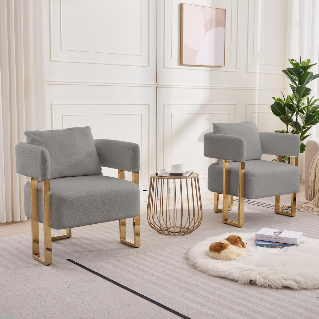 YISHENG Modern Barrel Accent Chairs Set of 2, Living Room Side Chairs with Golden Metal Legs Soft Upholstered Reading Armchairs no Wheels for Vanity/Reception Room//Bedroom/Lounge/Office,Black Teddy