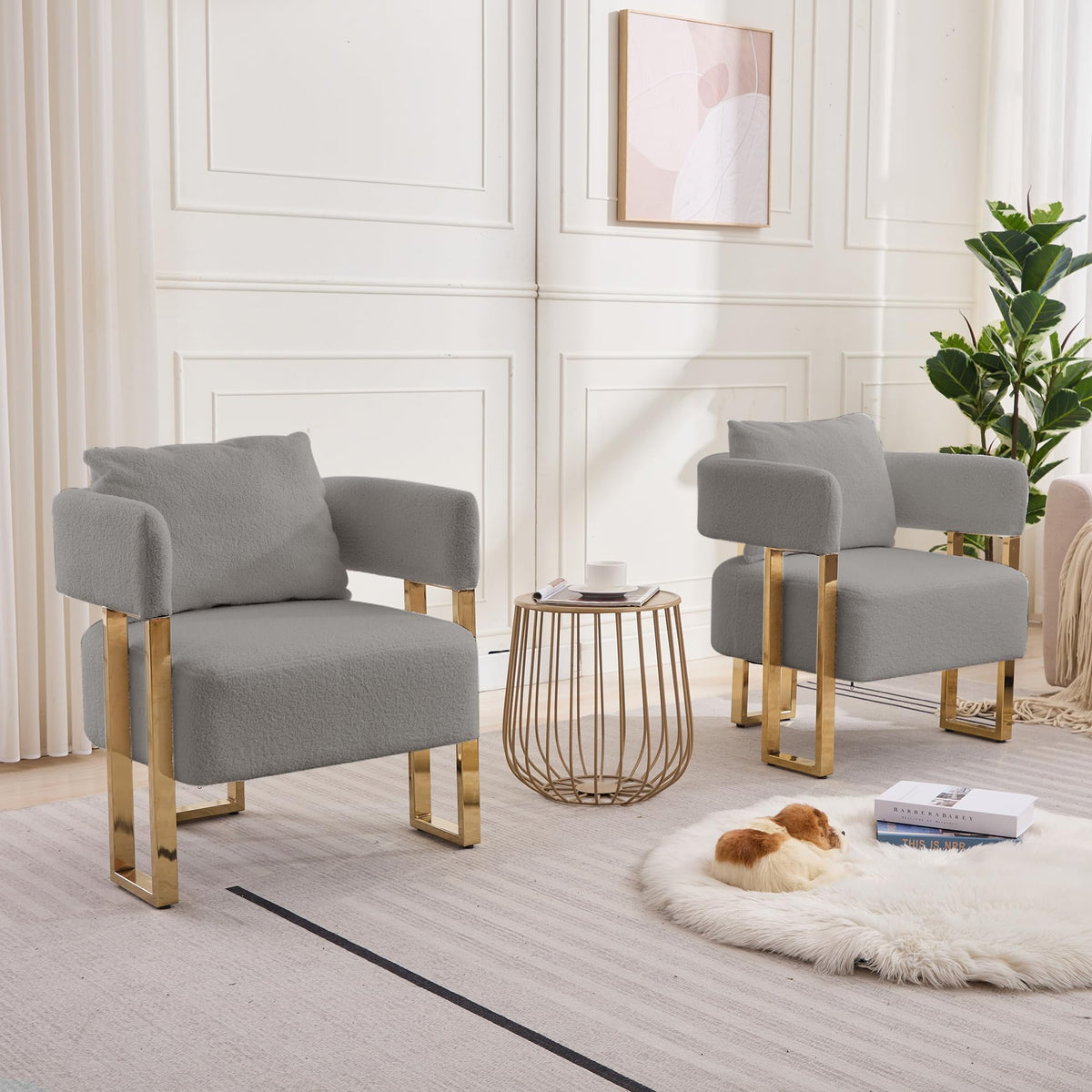 YISHENG Modern Barrel Accent Chairs Set of 2, Living Room Side Chairs with Golden Metal Legs Soft Upholstered Reading Armchairs no Wheels for Vanity/Reception Room//Bedroom/Lounge/Office,Black Teddy