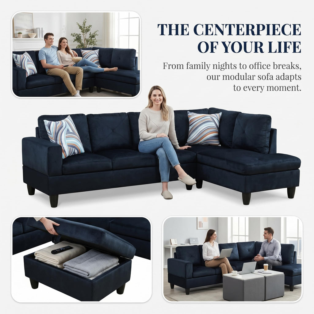 97.5" L-Shaped Modular Sectional Sofa with Movable Chaise & Storage Ottoman, 3 Piece Convertible Leather Couch, 4 Seat Gloss Black Living Room Furniture Set for Apartment Home Office
