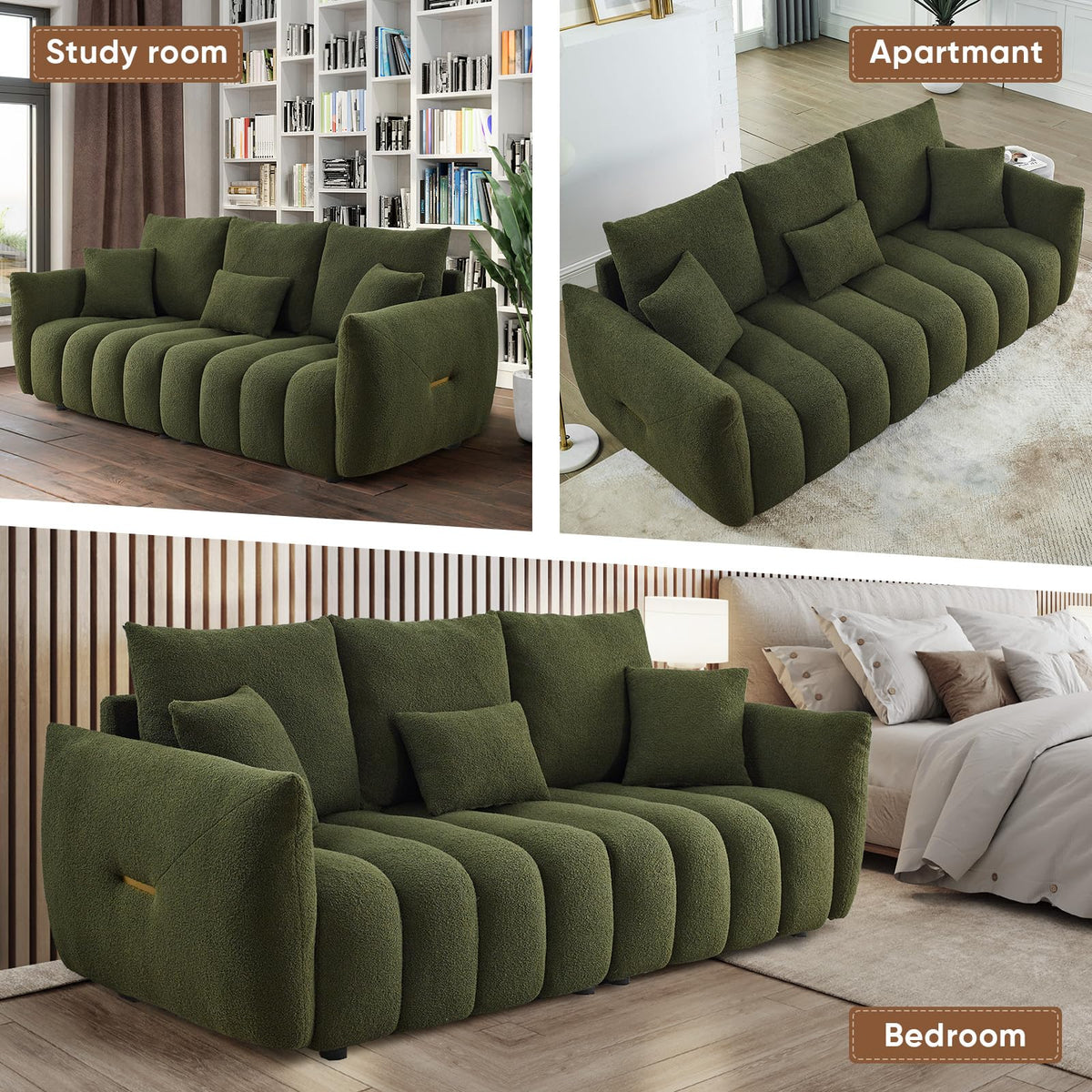 Antetek Teddy Fabric Sofa Set for Living Room, 2 Pieces Modern Deep Seat Oversized 3-Seater Cloud Boucle Couch for Bedroom, Office, Apartment, Furniture Set, 78-inch, Black (2 Pieces)