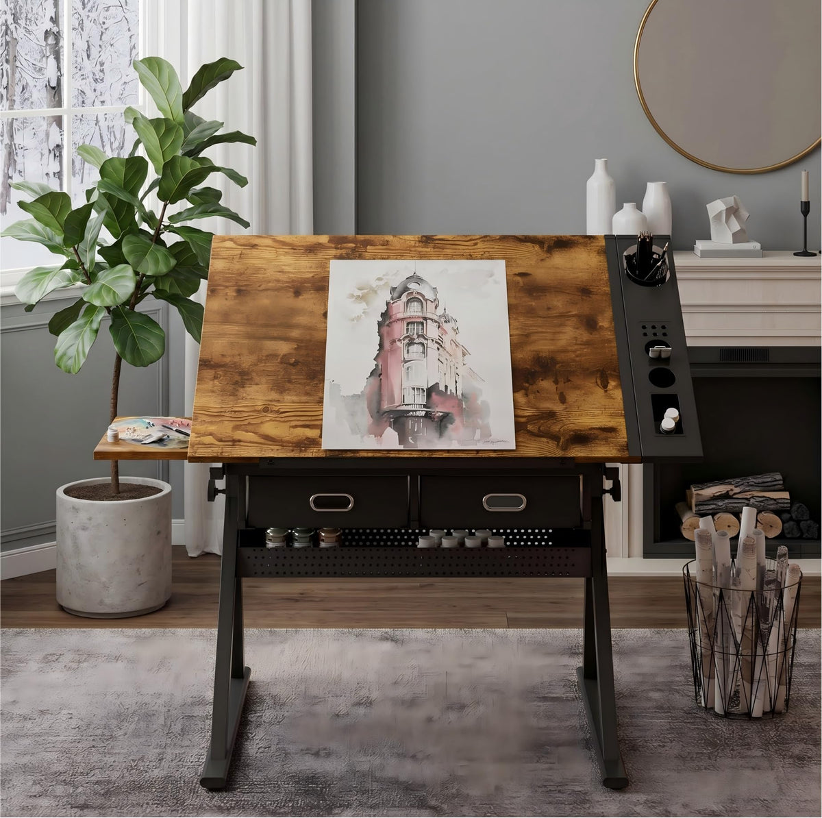 Adjustable Drawing Table with 3 Drawers & Stool, for Art & Work
