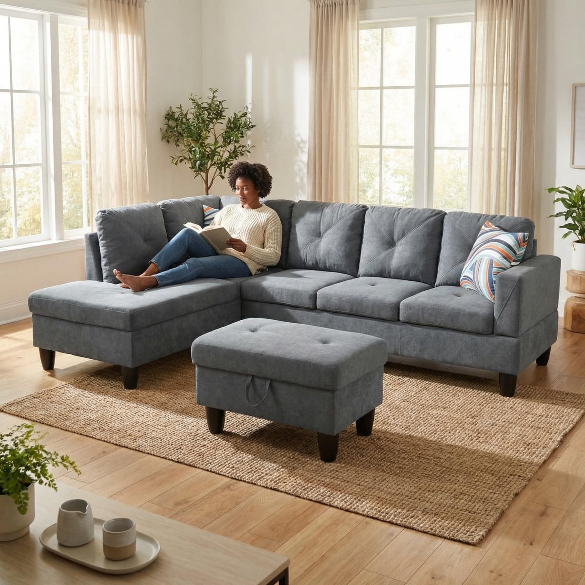 97.5" L-Shaped Modular Sectional Sofa with Movable Chaise & Storage Ottoman, 3 Piece Convertible Leather Couch, 4 Seat Gloss Black Living Room Furniture Set for Apartment Home Office