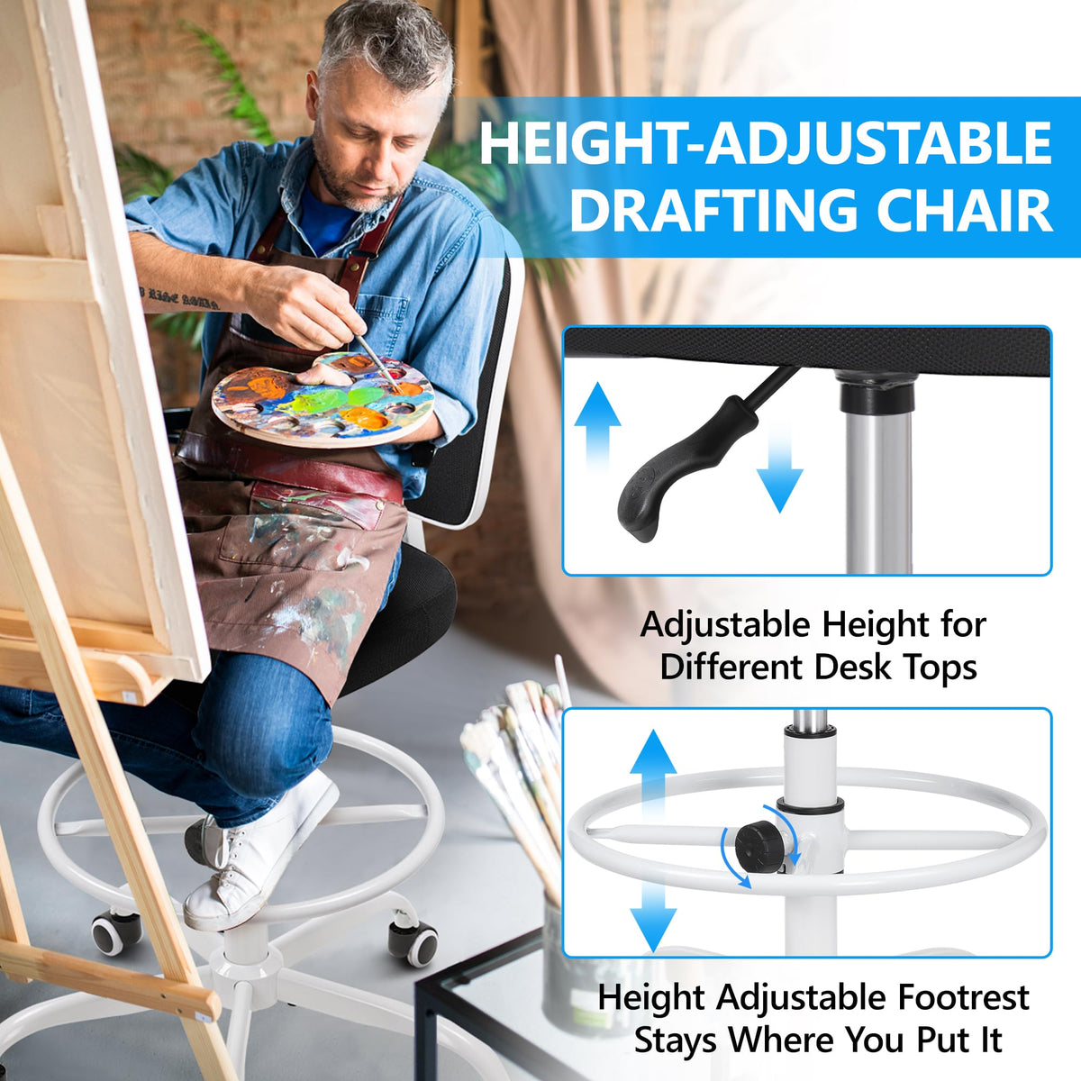 Primy Tall Drafting Desk Chair - Armless, Adjustable Height, Mesh Back, Rolling, Standing Desk Chair for Art Room, Office or Home (Black)