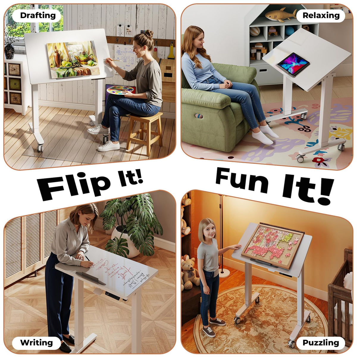 35" Glass Standing Desk, 90Â° Tilt Height Adjustable Drafting Table
