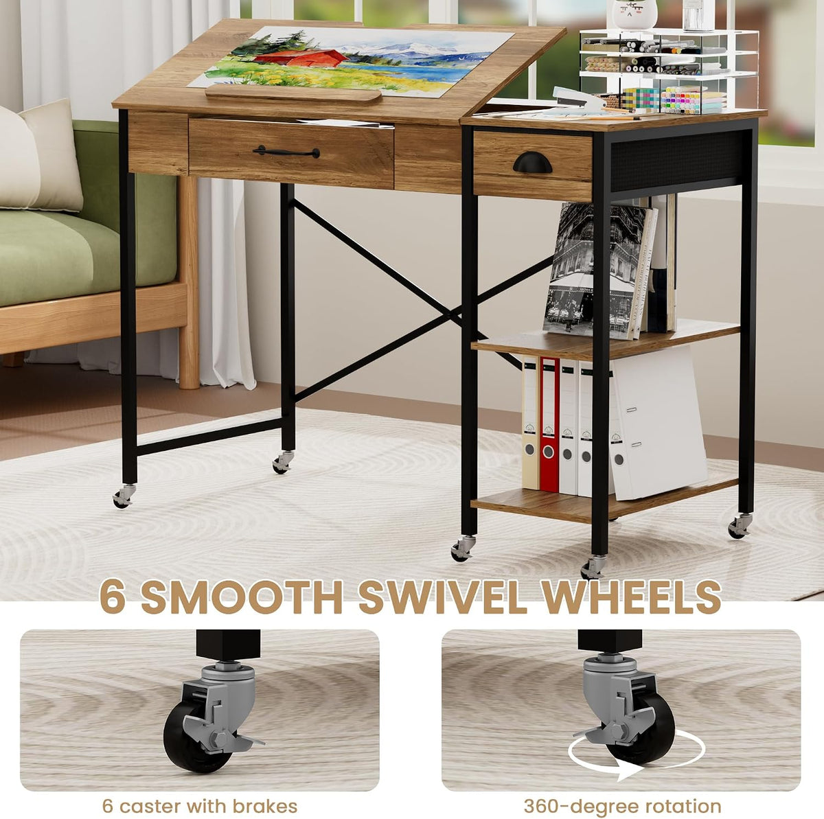 Rolling Drafting Table, Crafting Table with Storage, Computer Desk ï»¿