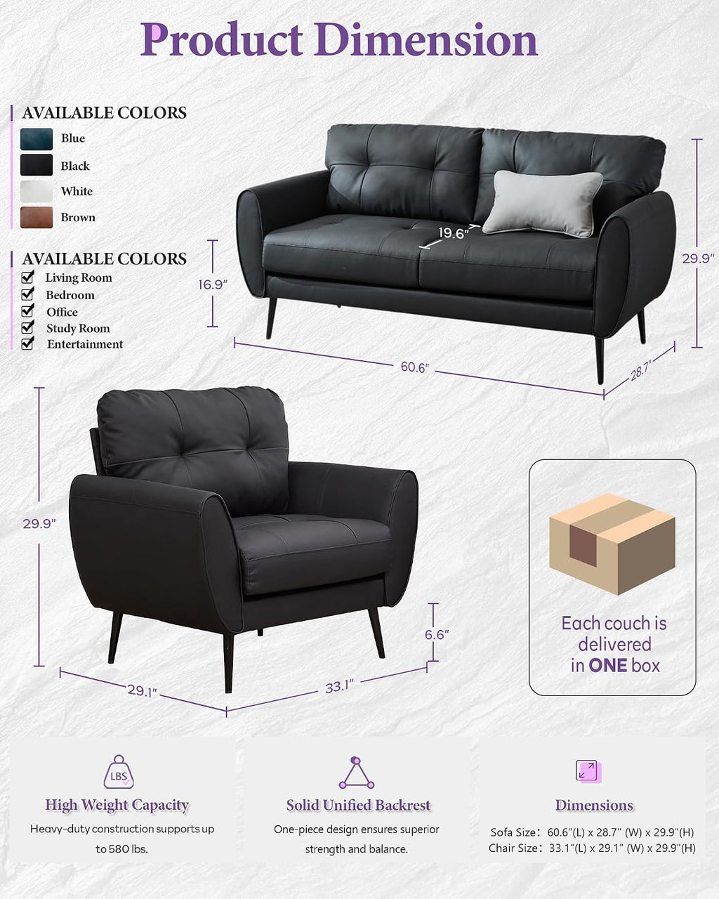 61'' Small Leather Loveseat and Chair, 3 Piece Living Room Sets, Black