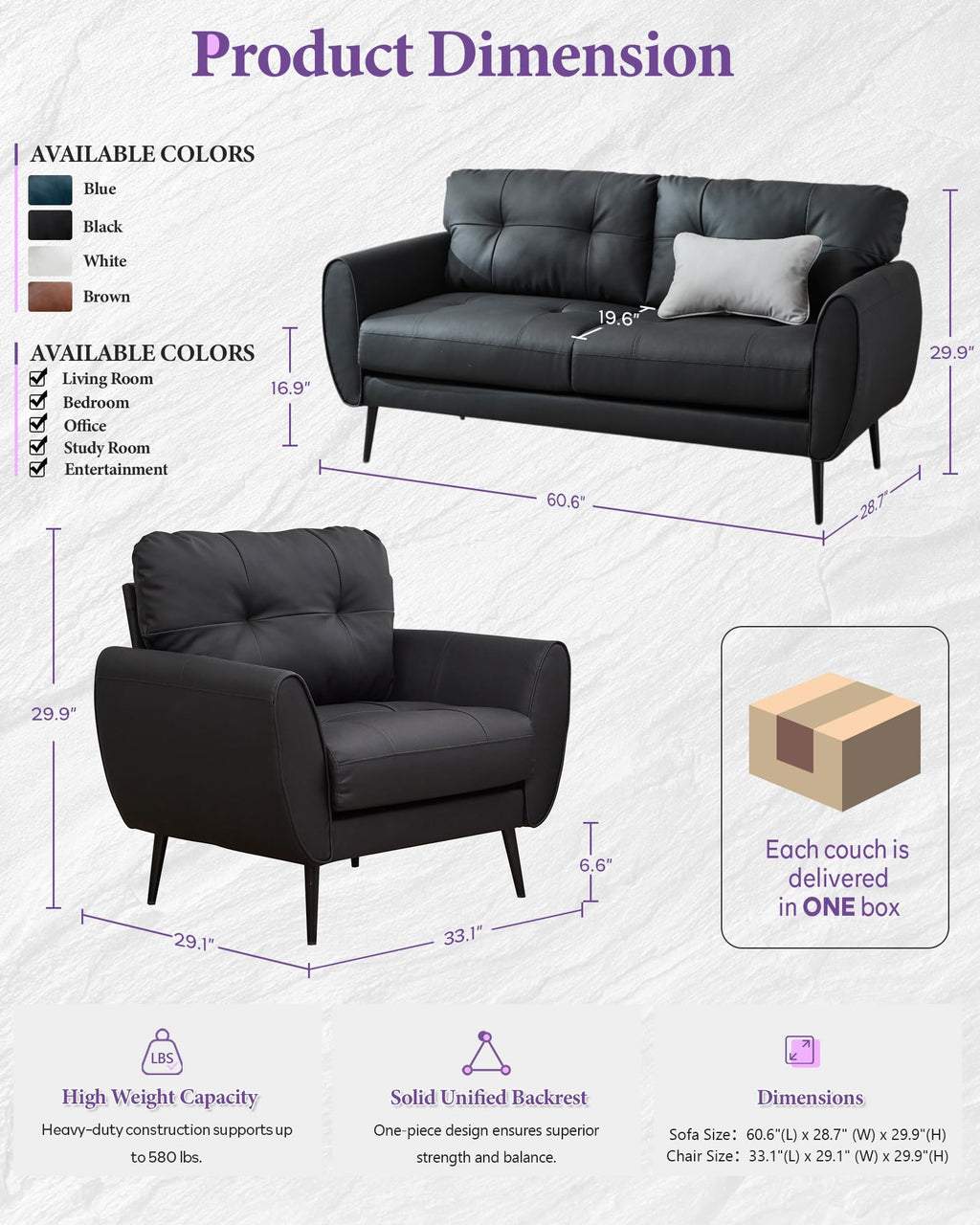 61'' Small Leather Loveseat and Chair, 3 Piece Living Room Sets, Black