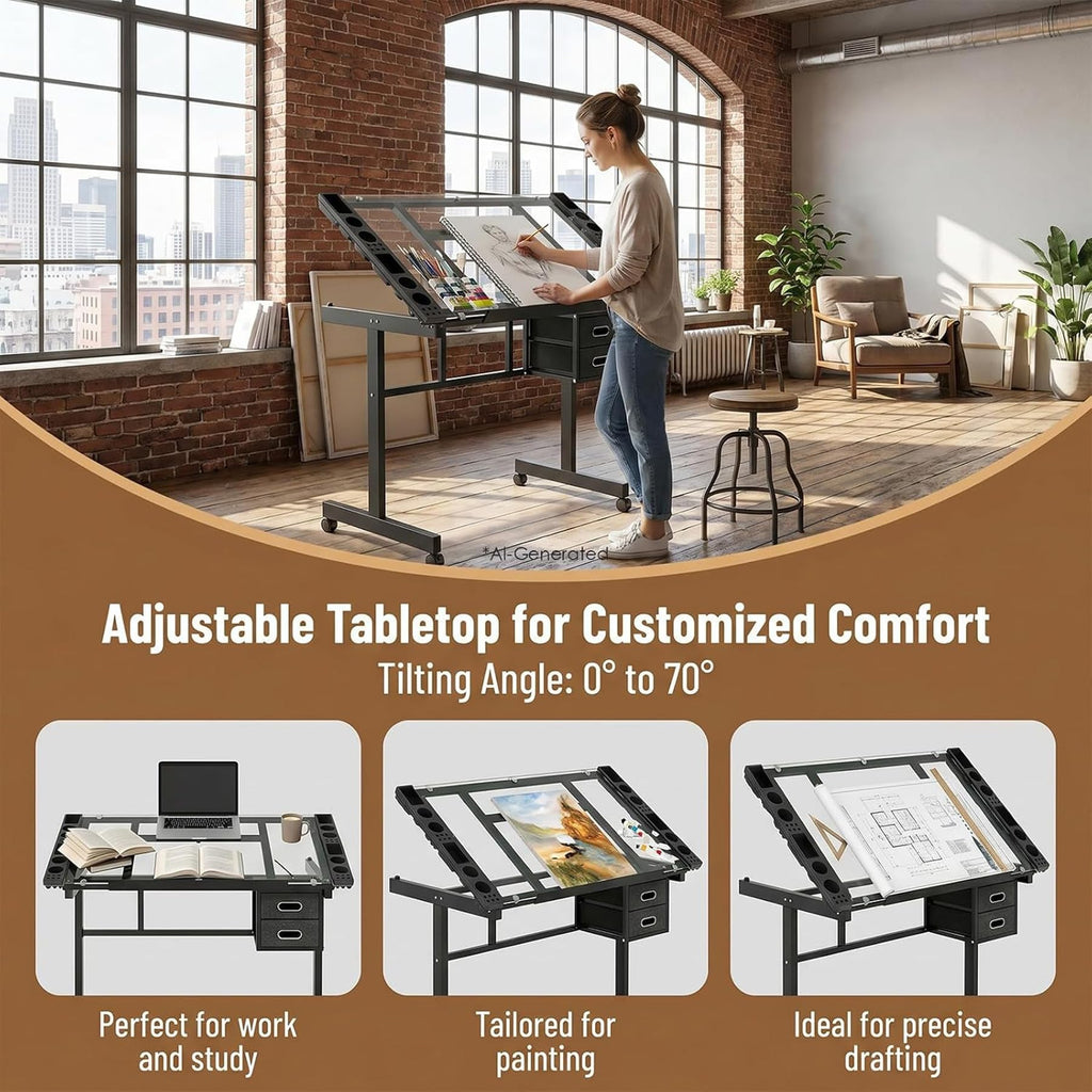 Drafting Table, Adjustable Height Drawing Table Art Table Painting Table Art Craft Desk with 0-75Â° Tilting Glass Tabletop and Storage Drawers, Black