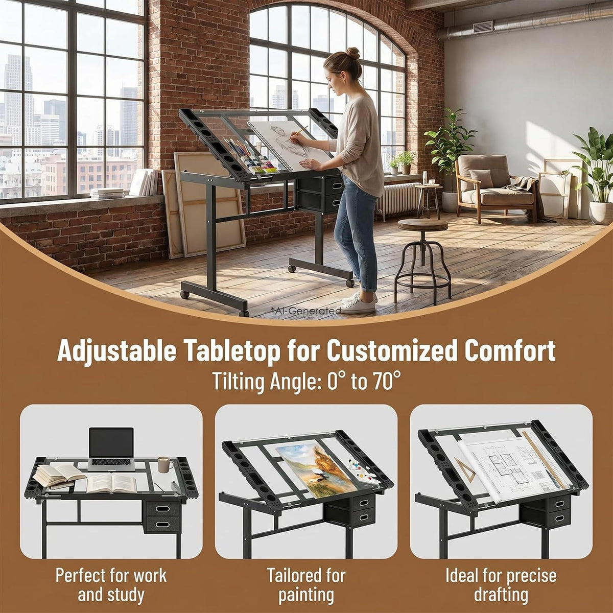 Drafting Table, Adjustable Height Drawing Table Art Table Painting Table Art Craft Desk with 0-75Â° Tilting Glass Tabletop and Storage Drawers, Black