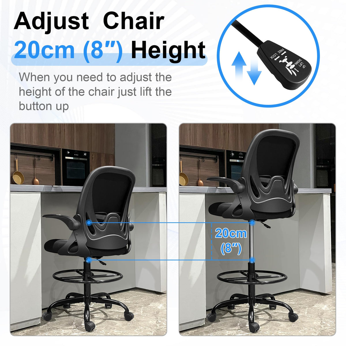 Drafting Chair Tall Office Chair with Flip-up Armrests, Adjustable Height, and Enhanced Lumbar Support - Ergonomic Rolling Stool, Back Support, and Adjustable Foot Rest Ring for Standing Desk White