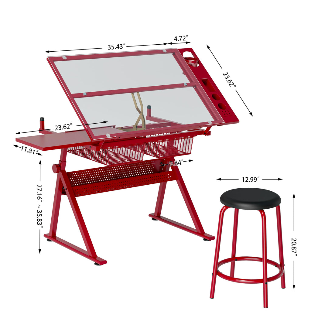 Drafting Table and Stool Set for Adults/Artists, Drawing Table with Adjustable Tabletop and Height, Art Workstation for Painters Crafting Reading Writing Home Office, All White