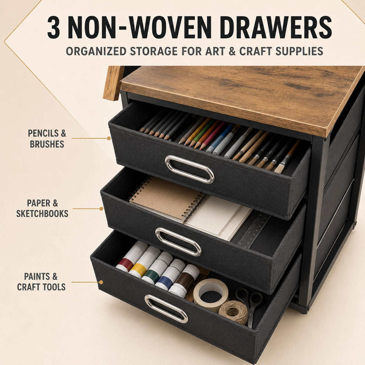 Adjustable Drawing Table with 3 Drawers and Stool, Black