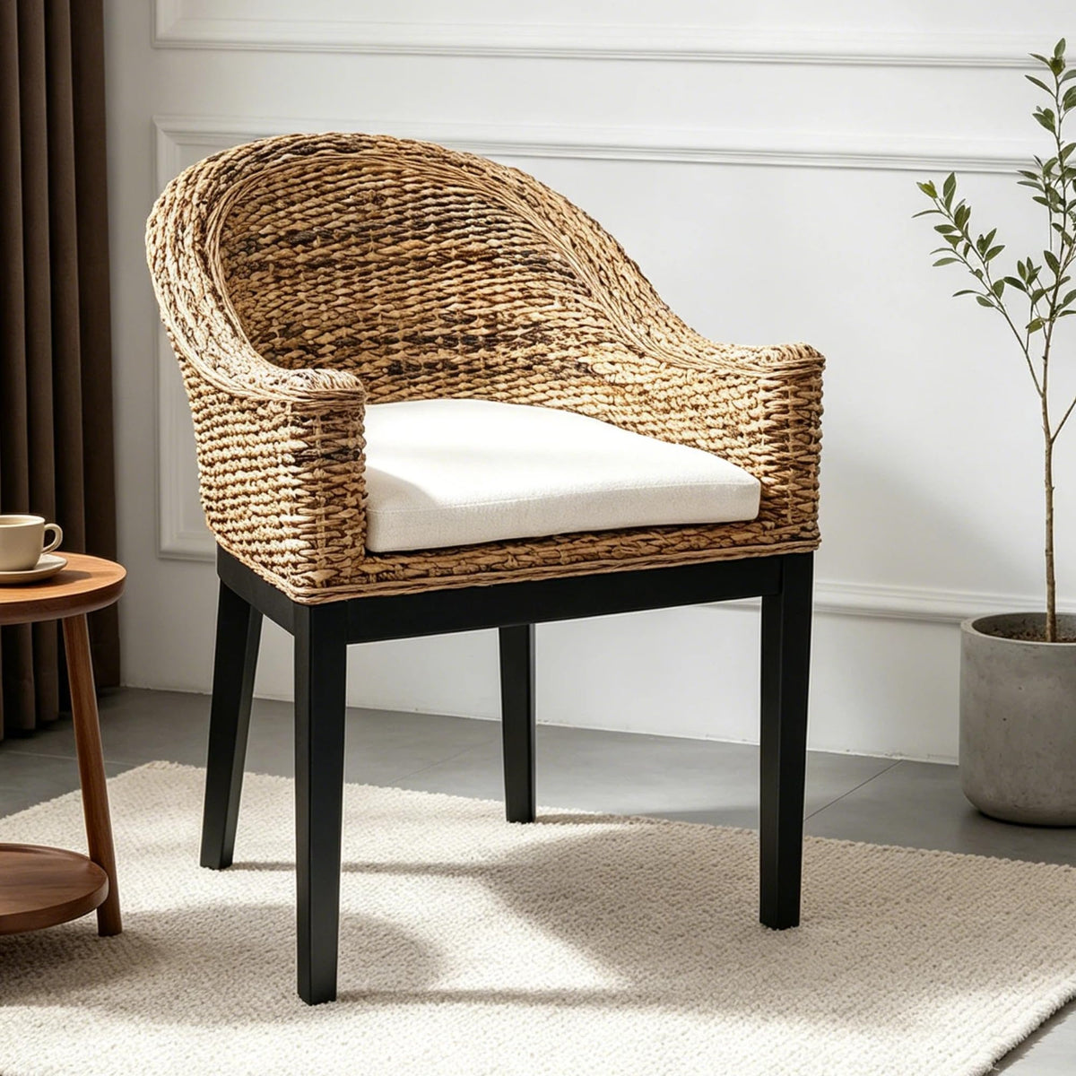 DUHOME 2 Sets Wood Rattan Arm Accent Chairs Natural Wash/White Cushion
