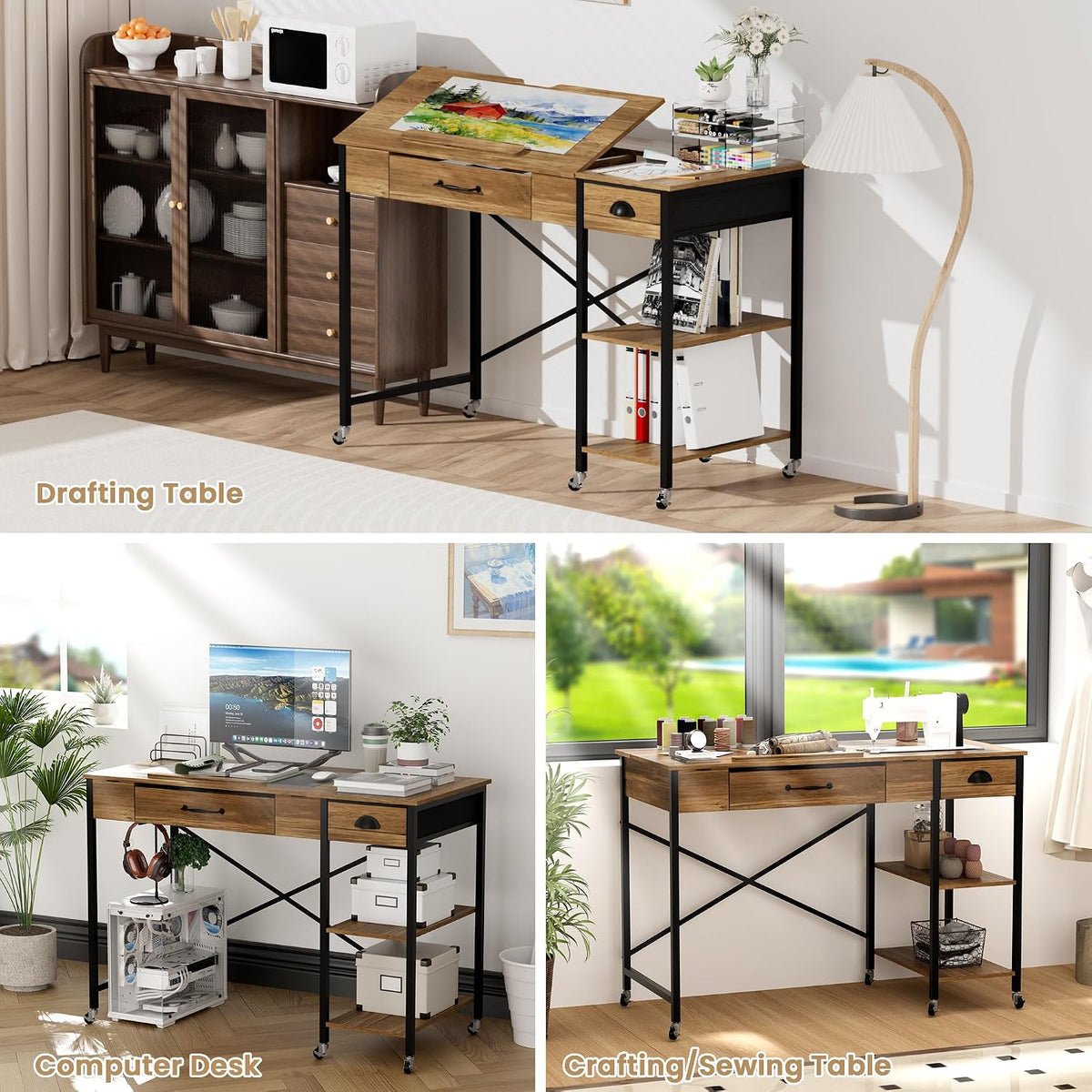 Rolling Drafting Table, Crafting Table with Storage, Computer Desk ï»¿