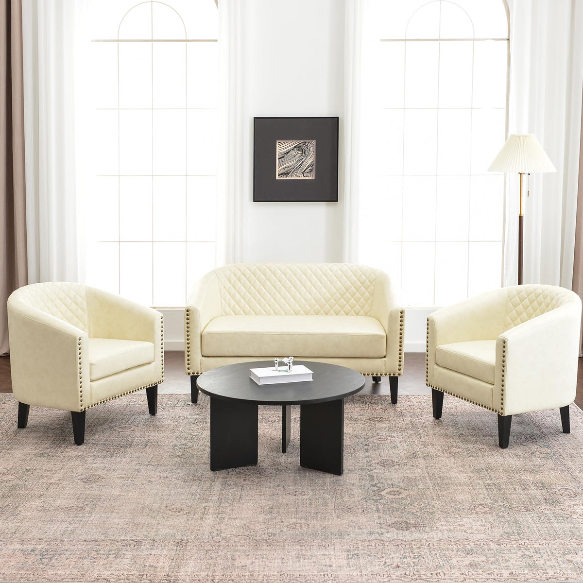 KINWELL 29" W Faux Leather Tufted PU Barrel Club Chairs Set of 2, Black
