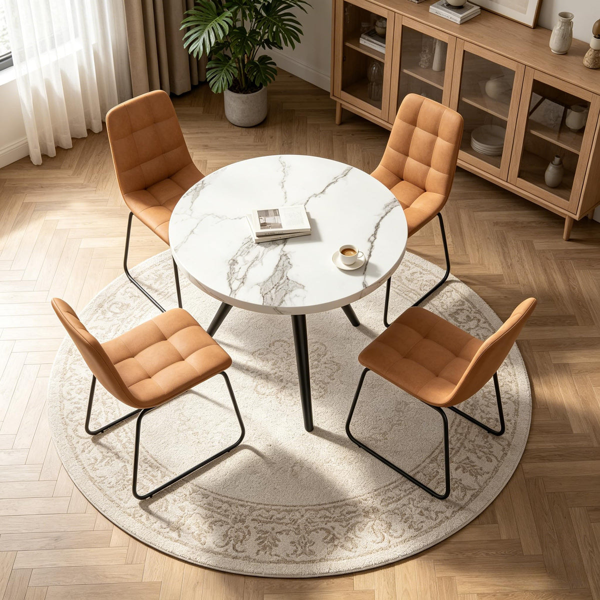 34.6" Round Dining Table Set for 4, Modern Kitchen Coffee Table Set, Walnut