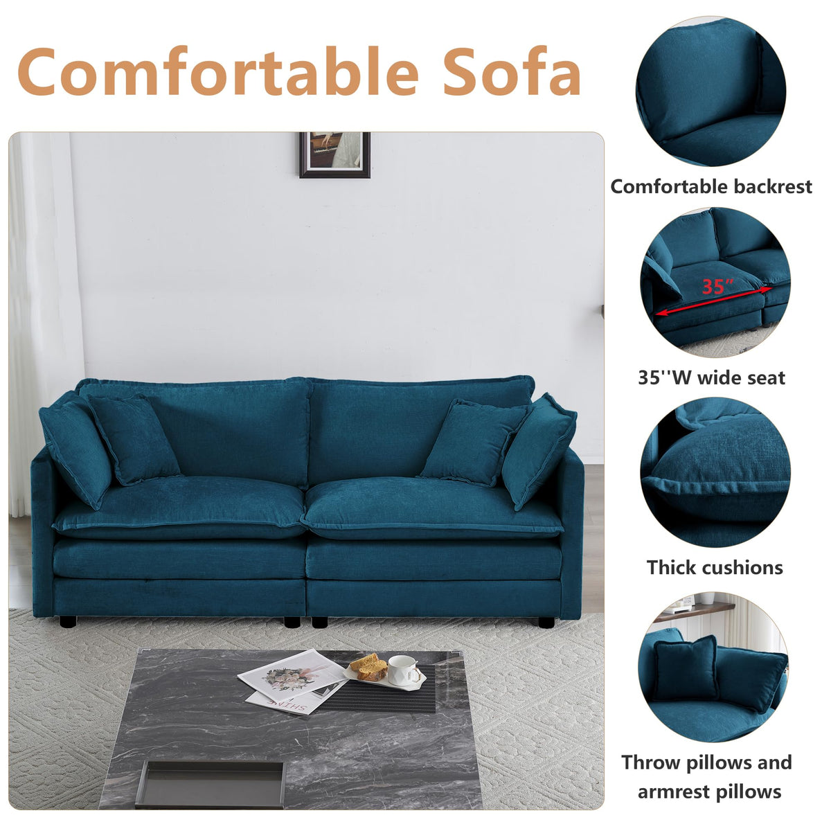 mikibama Luxury 2 Piece Loveseat Couch & Sofa Armchair Set, Modern Upholstered Chenille Cloud Couches Set Furniture with 5 Pillow for Living Room Bedroom Office Apartment, Evergreen